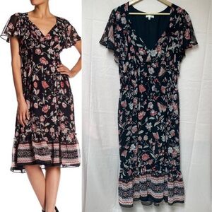 Max Studio Butterfly Floral Print Flutter Sleeve Ruffle Dress Size XL V Neck